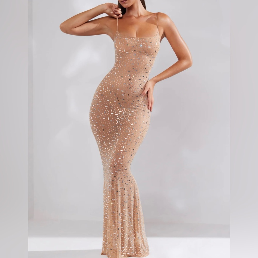Sheer embellished maxi dress scoop neck